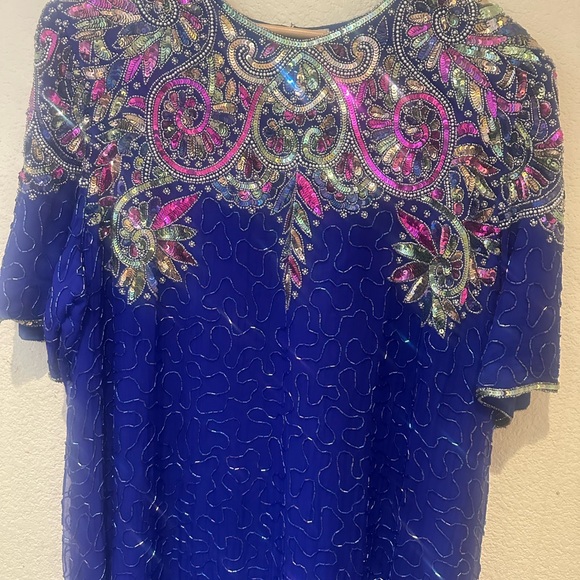 Laurence Kazar Royal Blue Silk Beaded Gown - Picture 4 of 11